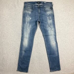 Replay Anbass Slim‎ Fit Distressed Thrashed Blue Jeans Mens 36x34 M914